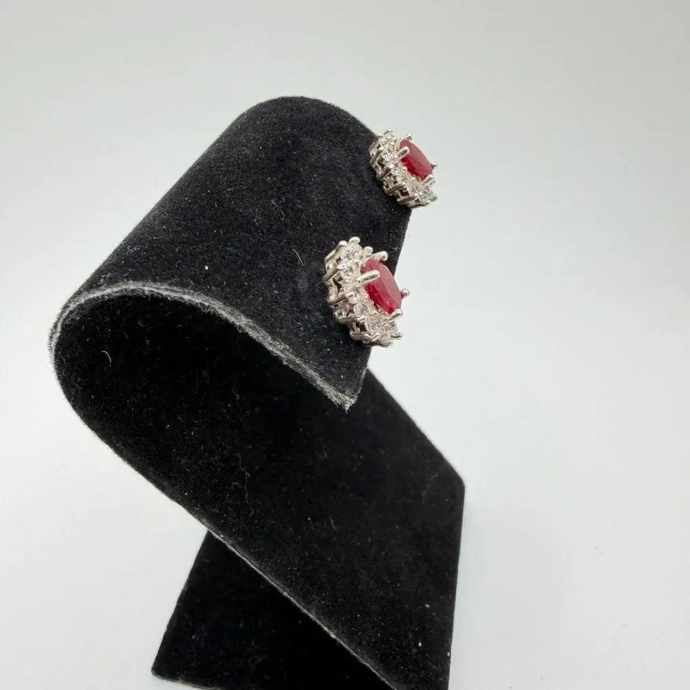 NWOT 5x7mm oval cut RUBIES w/ halo of cz‎ diamond stud earrings in 925!